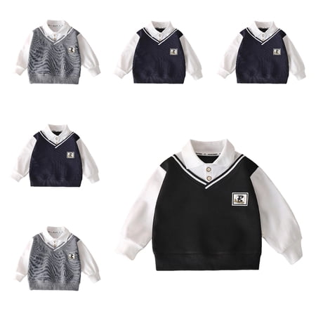 HAOTAGS Boys Polo Shirts British-College Fake-Two-Piece Back-to-School Hoodie-Polo Shirts Gray 1-2 T