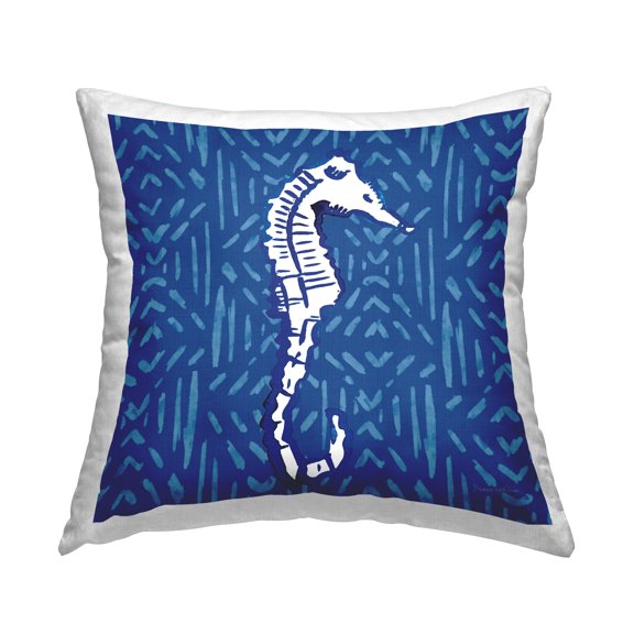 Stupell Industries White Seahorse Aquatic Blue Diamond Pattern Design by Mercedes Lopez Charro Throw Pillow