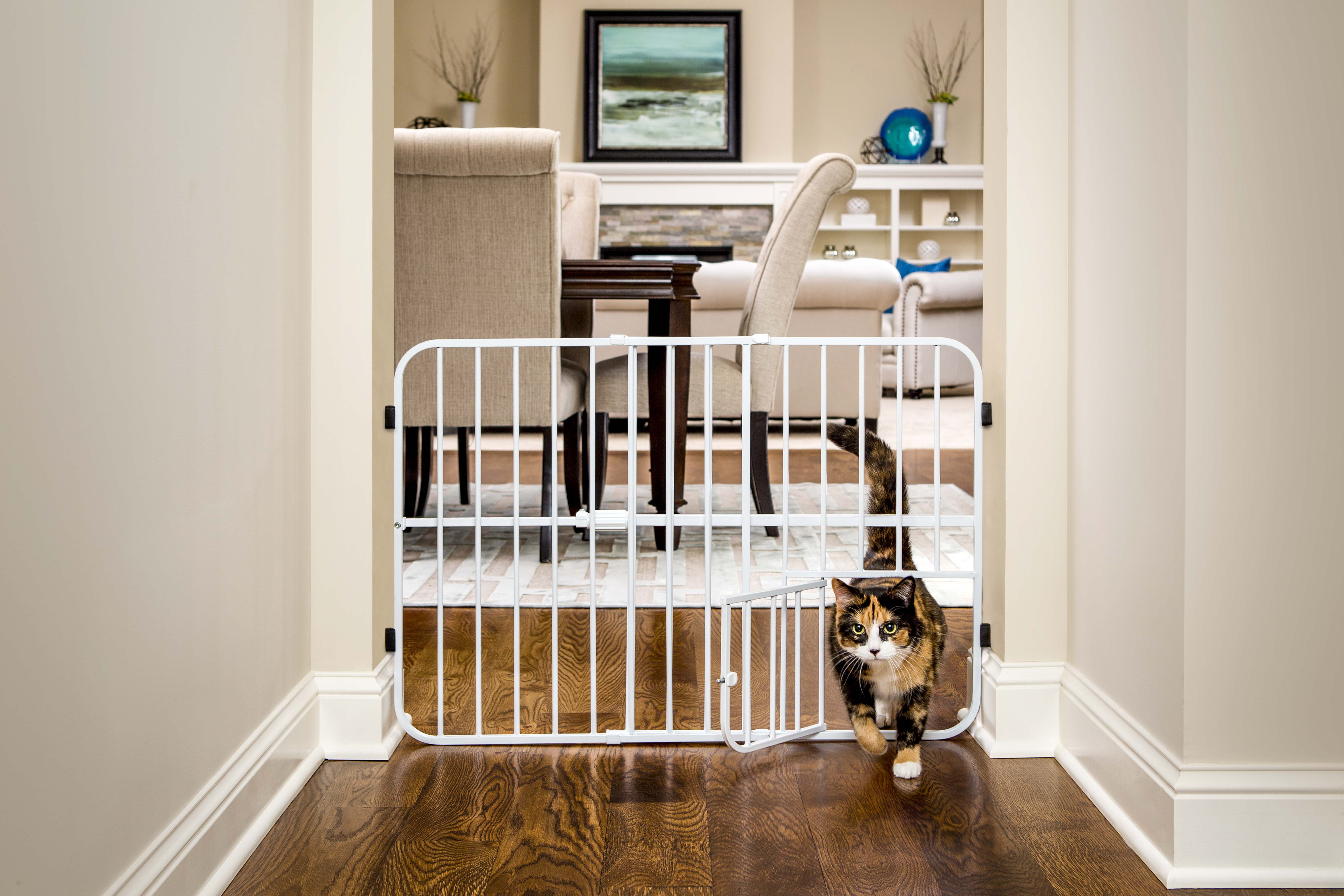 Carlson Pet Products Tuffy Metal Expandable Pet Gate Includes Small Pet Door 24 H x 42 L Inch White Walmart
