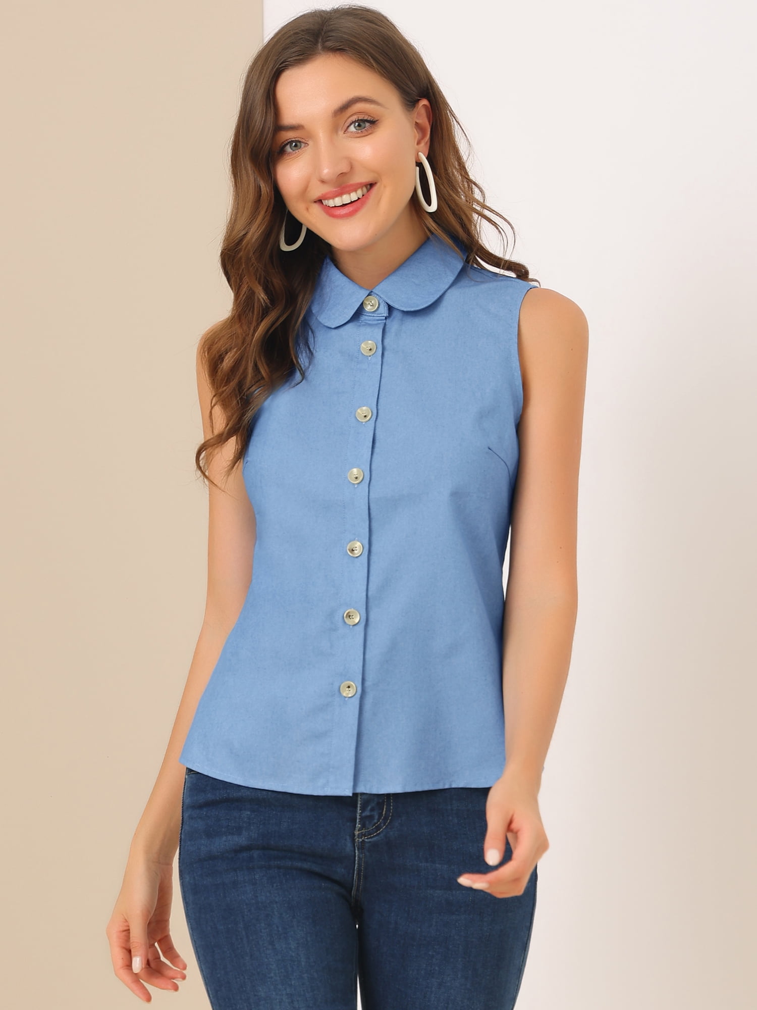 DARING DIVA Women's Casual Sleeveless Peter Pan Collar Chambray Shirt L Blue