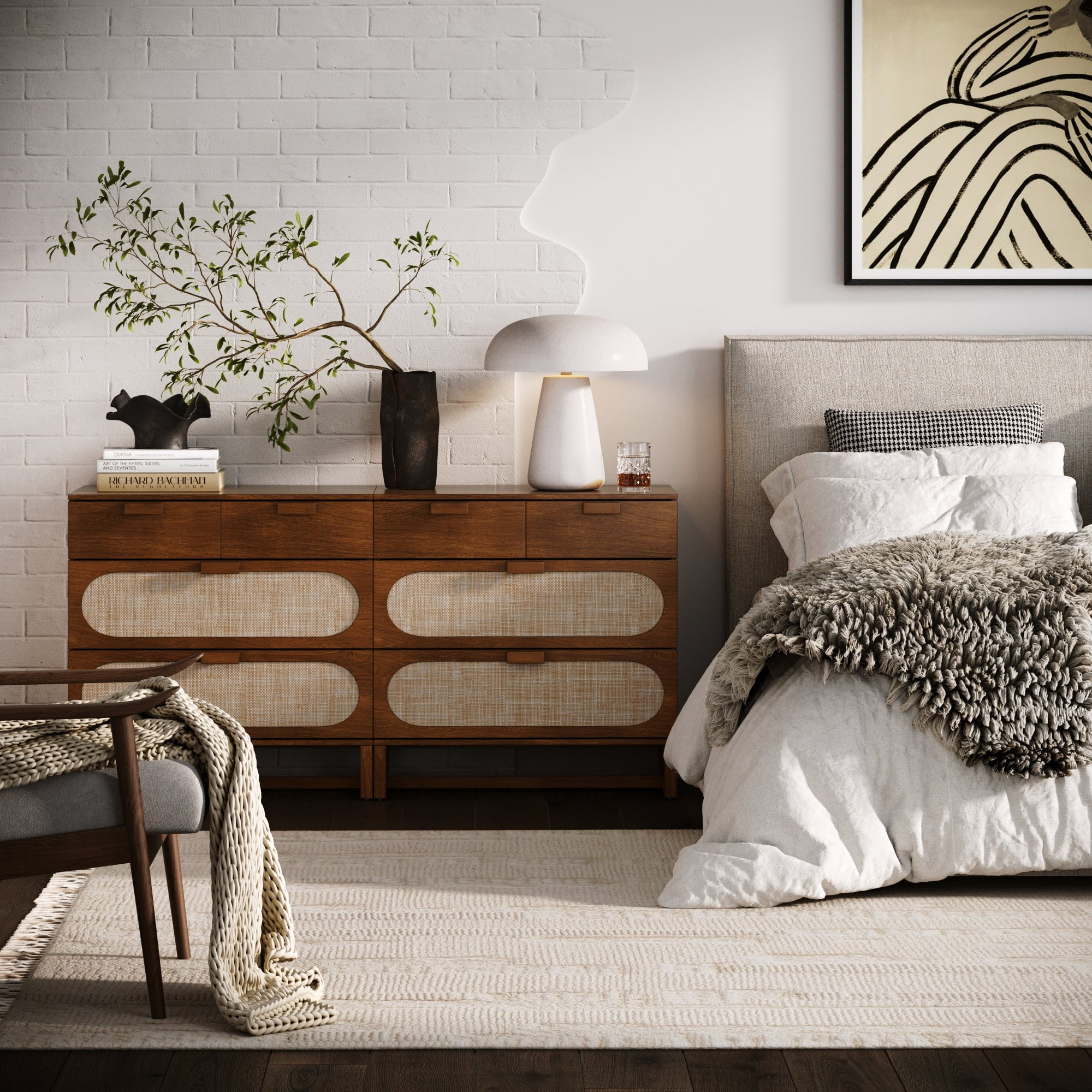 Nathan James Paxton Mid-Century Modern Dresser for Bedroom, 3-Drawer Dresser with Solid Wood Frame and Textilene Rattan Accent, Dark Walnut