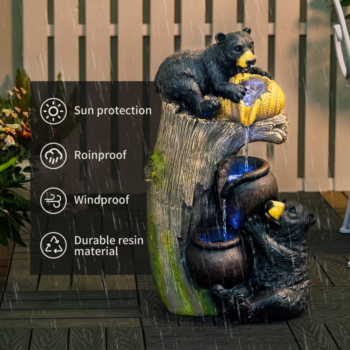 Bear Outdoor Water Fountain with LED Lights Cascading 23.62 Inch Garden Decor for Patio Yard Balcony