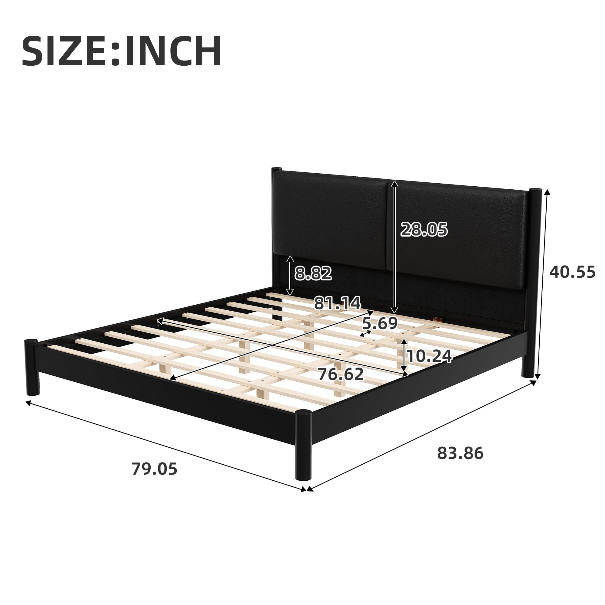 Euroco Wood King Size Platform Bed with PU Leather Headboard, No Box Spring Needed, Black