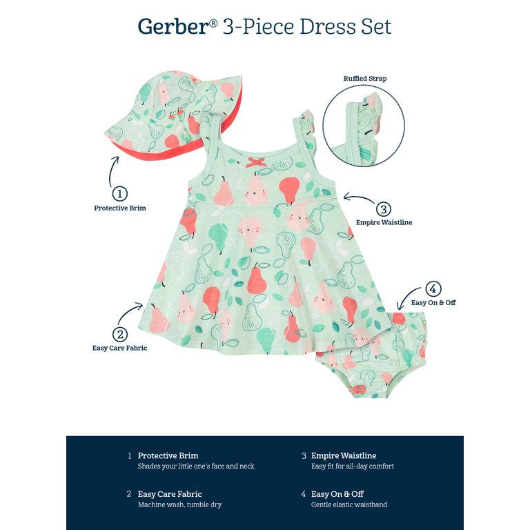 Gerber Baby & Toddler Girls Dress, Diaper Cover/Panty & Headband Set  3-Piece (Newborn-5T) 