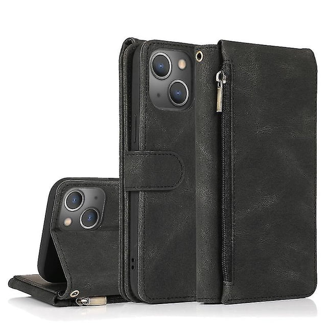 Funda de cuero con tapa horizontal y cremallera para iPhone 13 Pro Max, con textura de caballo loco, ranuras para tarjetas, billetera y cordón.