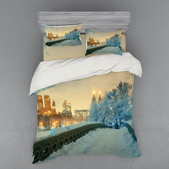 Ambesonne Winter Bedding Set 4 Pcs, Central Park New York, Queen, Orange White Olive Green
