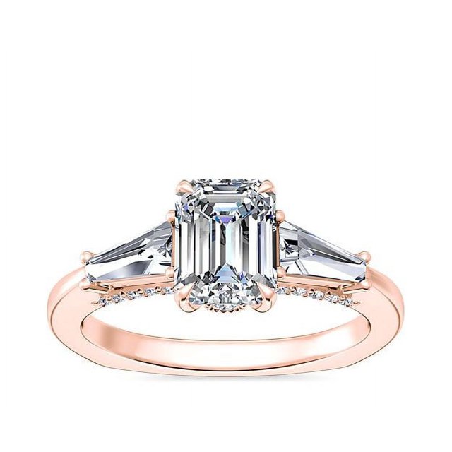 0.90 T.C.W Emerald Shape Natural Diamond Latest Design Three Stone Wedding Ring for Ladies Solid 14K Rose Gold Size 8
