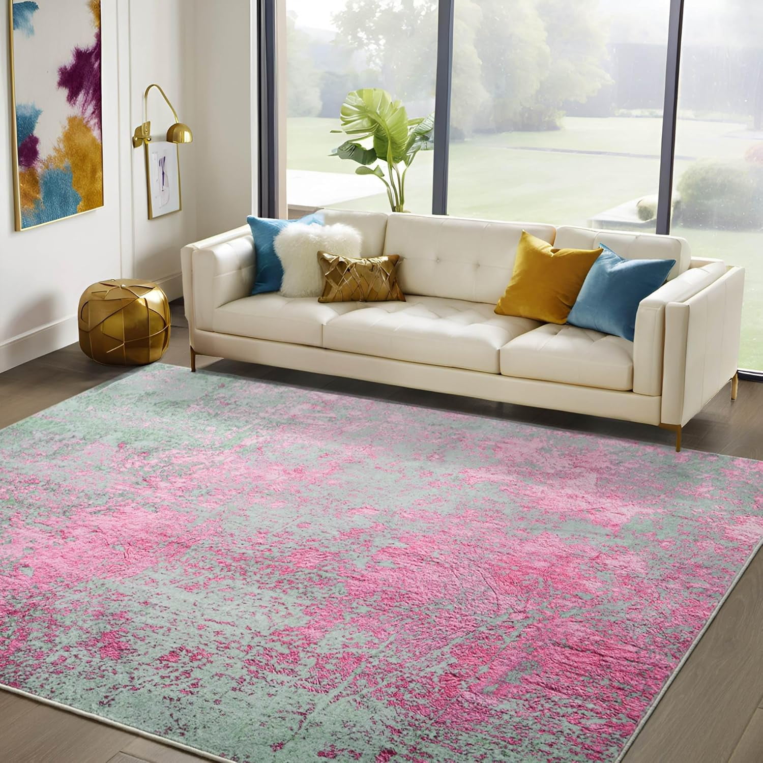 Lochas Abstract Area Rug Soft Modern Rugs for Living Room Bedroom Home Decor Indoor Carpet,4'x6',Pink/Green