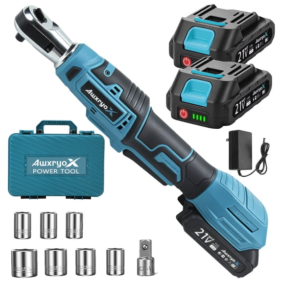 AwxryoX 3/8" Cordless Ratchet Wrench Set,Brushless 89 Ft-lbs(120N.m) 320RPM,2×2.0Ah Battery Electric Ratchet Tool Kit,Variable Speed,LED Light,7 Sockets,1/2" Adapter for Auto Repair Household DIY