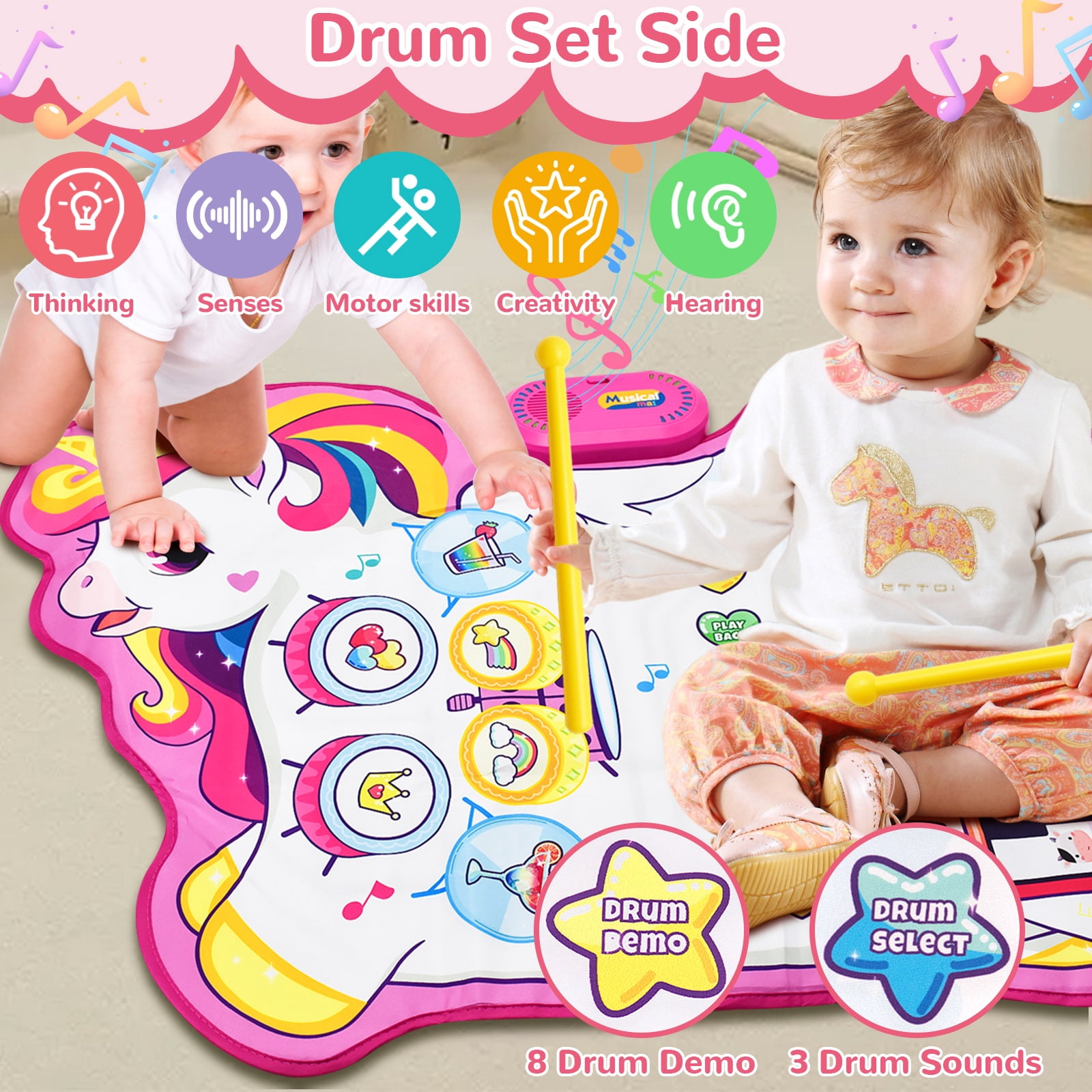 Yiomxhi 3-in-1 Unicorn Musical Mat, Piano Drum Play Mat Unicorn Gifts for 1 2 3 Year Old Girls, Sensory Early Educational Musical Learning Toys for Baby Boys, Birthday Gift for Toddlers 1-5 Years Old