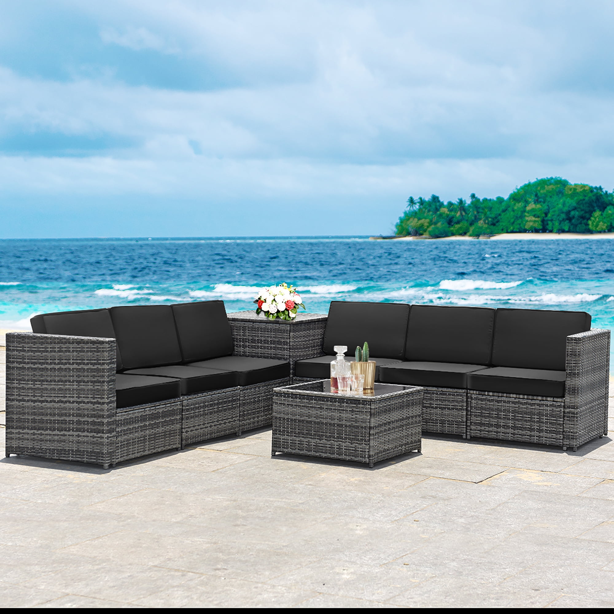 Costway 8 Pcs Wicker Rattan Sectional Patio Furniture Set with Storage Table, Black