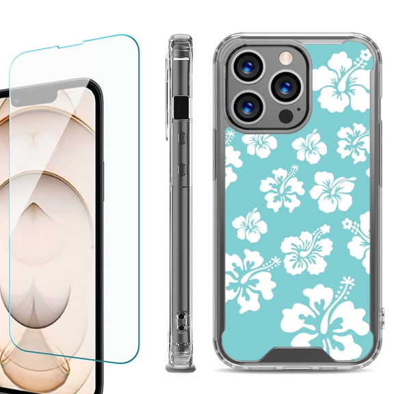 Shockproof Bumper Phone Case for iPhone 13 Pro Max, with Tempered Glass Screen Protector, by OneToughShield ® - Hibiscus Teal