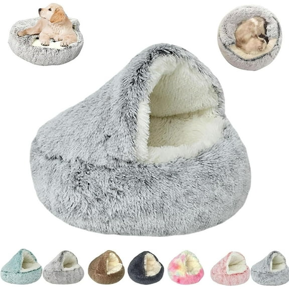 Cozy Cocoon Pet Bed for Dogs, Covered Dog Bed with Cave-Style Hood, Comfy Nook Plush Dog Bed for Medium Dogs, Warm Winter (Grey, M(50cm/20in))