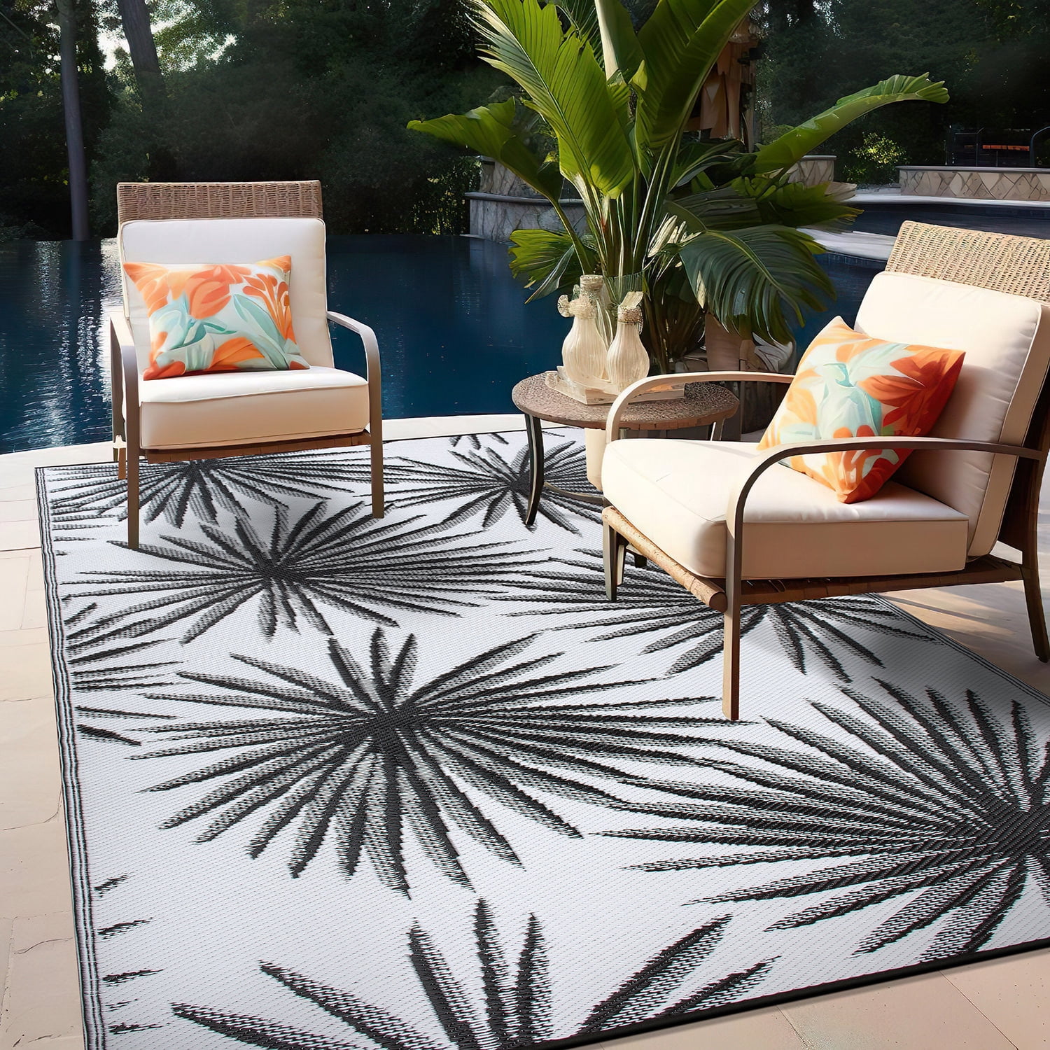 World Rug Gallery Floral Tropical Reversible Recycled Plastic Outdoor Picnic Mat, Camping Rug, RV Rug - BLACK 5'x7'