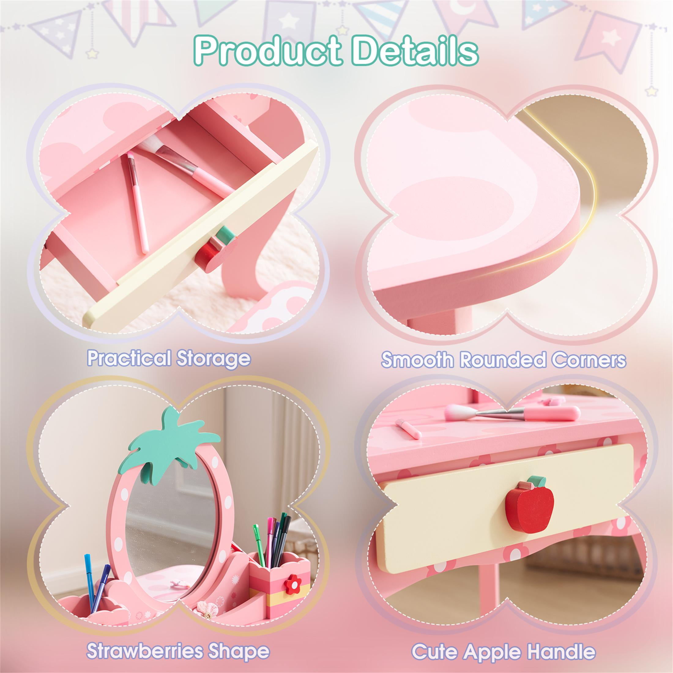 SESSLIFE Kids Vanity Set with Mirror and Drawers, Wooden Princess Makeup Desk Set, Toddler Dressing Table Set, Pretend Play Kids Vanity Table and Chair Set for Little Girls aged 3+, White