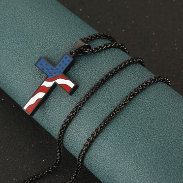 Hzman American Flag Patriotic Cross Religious Jewelry Enamel Pendant Necklace
