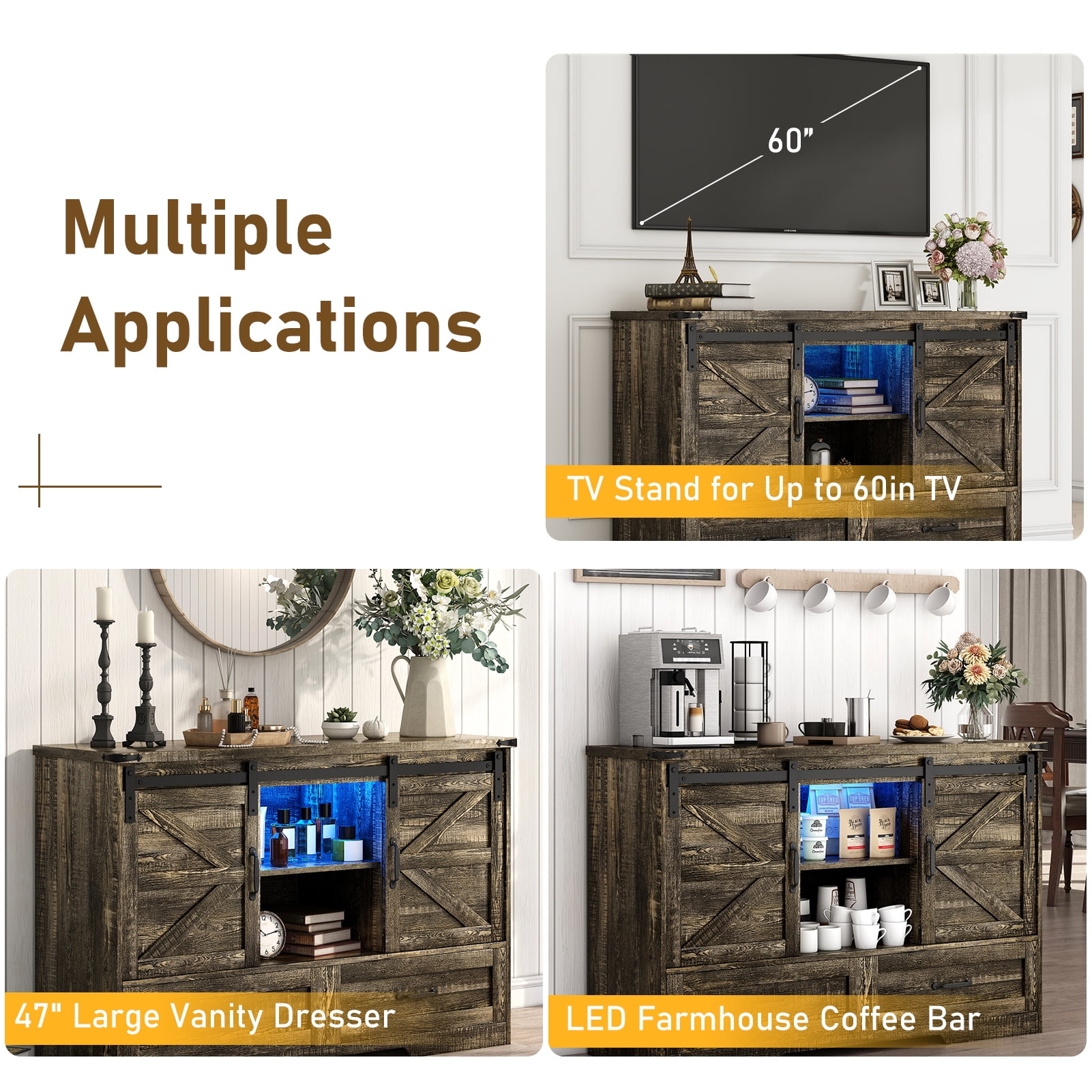 ChVans 47'' Farmhouse Dresser with LED Light & Power Outlet,  2 Drawers, 2 Sliding Doors, 2 Storage layers, Rustic Dresser TV Stand for 60in TV, Wood Storage Cabinet for Bedroom, Living Room, Hallway