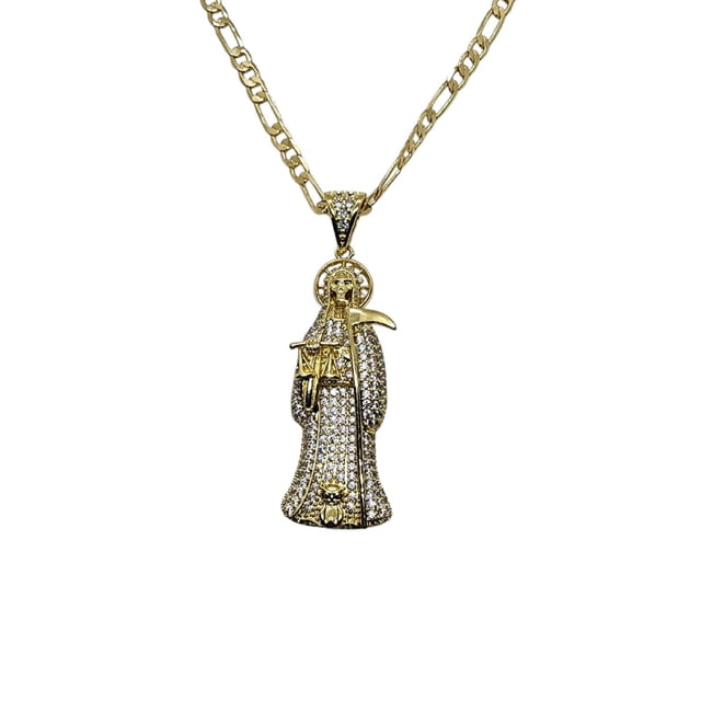 COLLAR DE SANTA MUERTE 5 CM DE ORO LAMINADO Y ZIRCONIAS