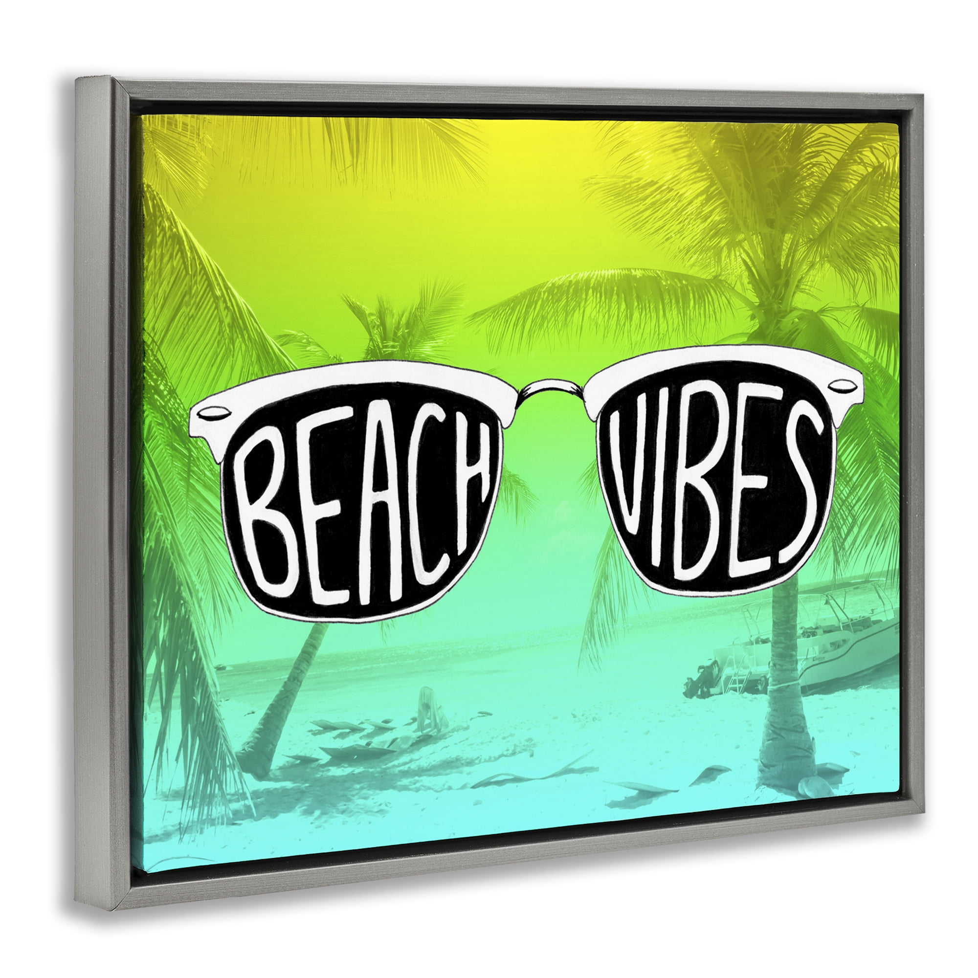 Stupell Industries Beach Vibes Sunglasses Typography Painting Gray Floater Framed Canvas Art Print Wall Art, 21 x 17