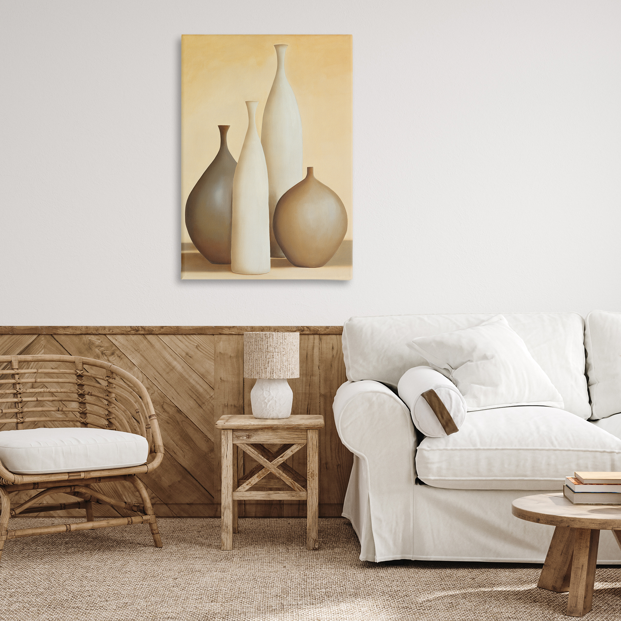 Stupell Industries Neutral Pottery Bottles Furniture Painting Wrapped Canvas Art Print Wall Art, 24 x 36