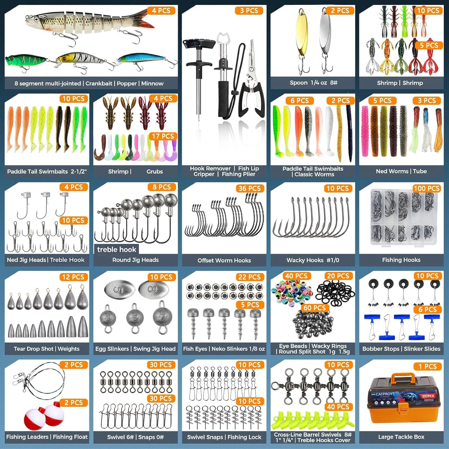 Large 4-Tray Tackle Box Organizer with 557Pcs Fishing Kit, Portable Fishing Accessories for Men Kids