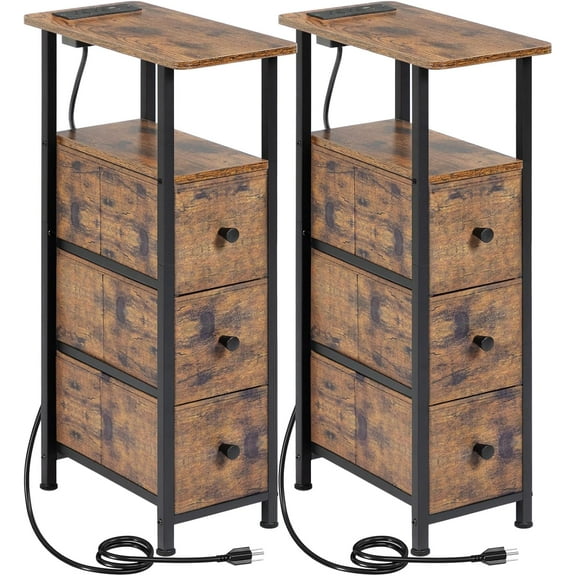 Narrow End Tables Living Room Set of 2 with Charging Station, Skinny Side Table with Fabric Drawers, Slim Nightstand for Bedroom, Small Spaces, Couch, Rustic Brown, HETNDP03PBR