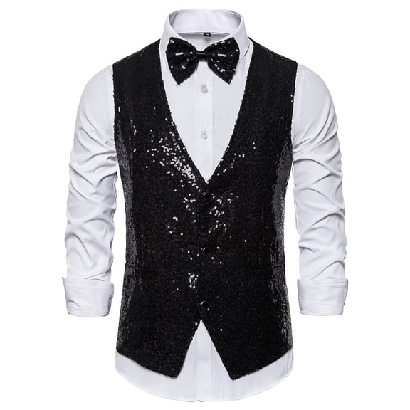 Kureaily Mens Vest Formal/Leisure V-neck Shiny Waistcoat Cravat Set Prom Party