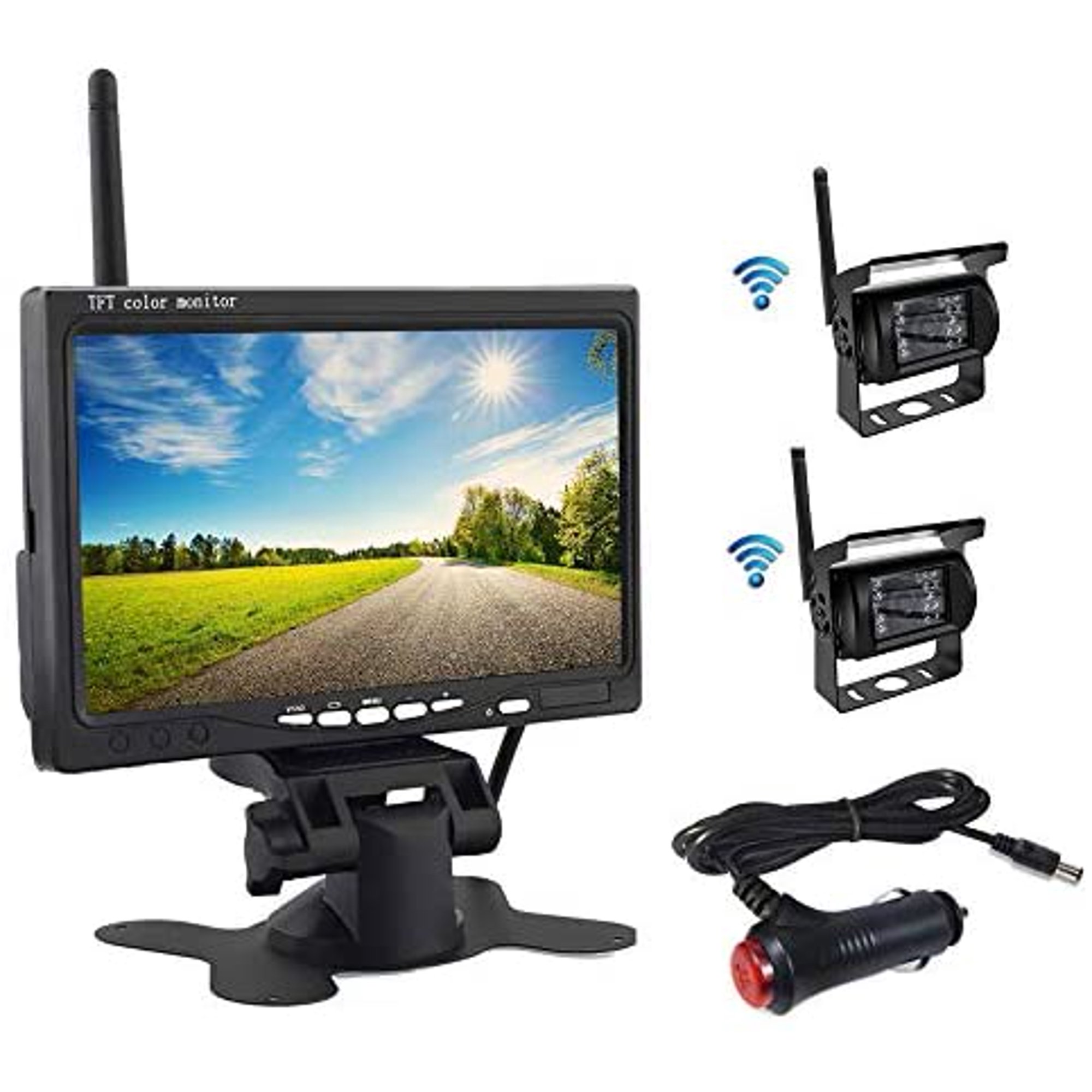 QiLiehu Wireless Backup Camera and Monitor Kit, 7 inch HD TFT LCD Monitor with Antenna, 2 x Wireless Rear View Camera,