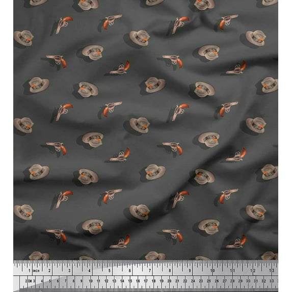 Soimoi Gray Rayon Crepe Fabric Cowboy Vintage Print Weapon Fabric Prints By Yard 46 Inch Wide