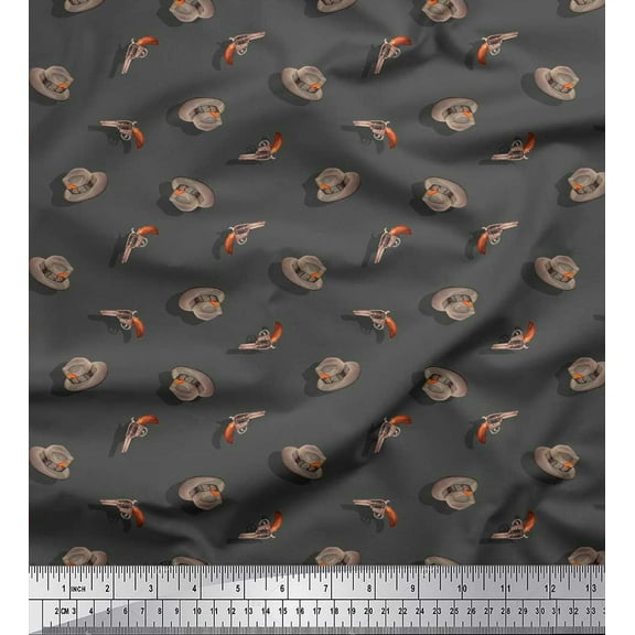 Soimoi Gray Cotton Duck Fabric Cowboy Vintage Print Weapon Print Fabric by the Yard 56 Inch Wide