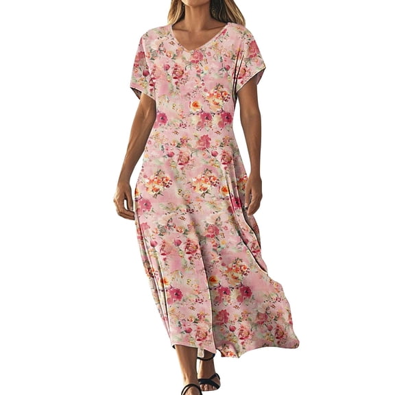 Zpanxa V Neck Maxi Dress Women's Summer Short Sleeve Casual Dress with All Over Floral Print