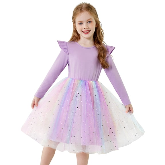 Oudiya Toddler Tutu Dresses Girls Long Sleeve Ruffle Fall Winter Holiday Star Sequin Tulle Dress 2-6Y