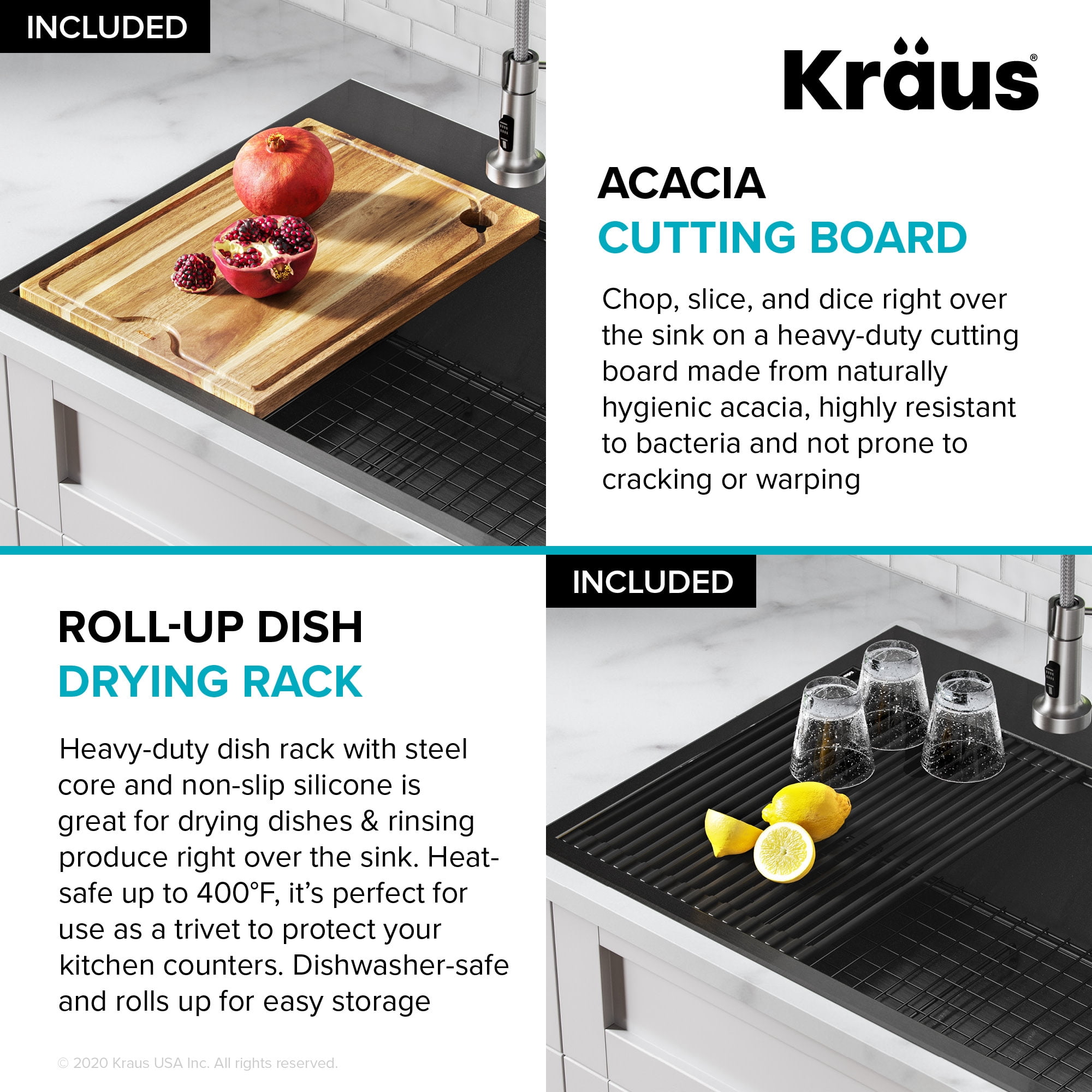 Kraus Kore Workstation 33 inch Topmount Drop-In 16 Gauge Stainless Steel Single Bowl Kitchen Sink in PVD Gunmetal Finish with Accessories