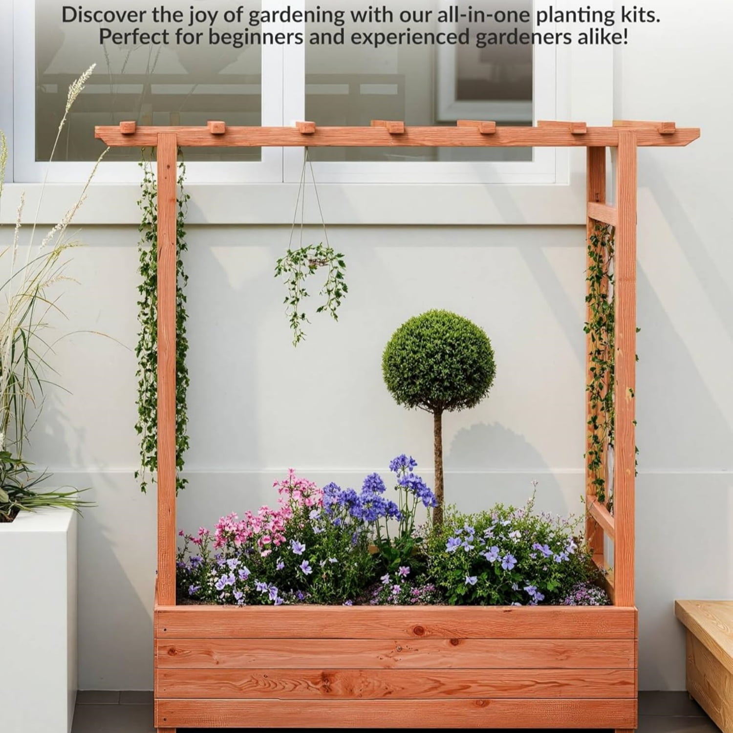 Riedhoff Wooden Raised Garden Bed with Trellis, Hanging Roof & Side Trellis, 79 x 17 x 45"