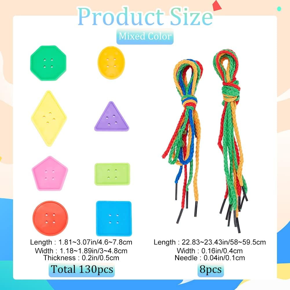 130PCS Big Bright Buttons Large Plastic Geometrical Shape Polyester Rope Vivid Colors Mixed