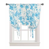 Aqua Flowers Tie Up Curtains for Kitchen Bathroom Bedroom Windows 45 Inch Length, Watercolor Summer Botanical Floral Balloon Drape Curtains Shade Rod Pocket Drapery Curtain Panel, 42"x54"