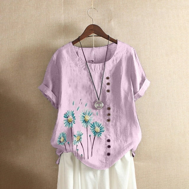 Blouse à Manches Courtes en Coton et Lin pour Femmes Grande Taille avec Boutons et Imprimé
