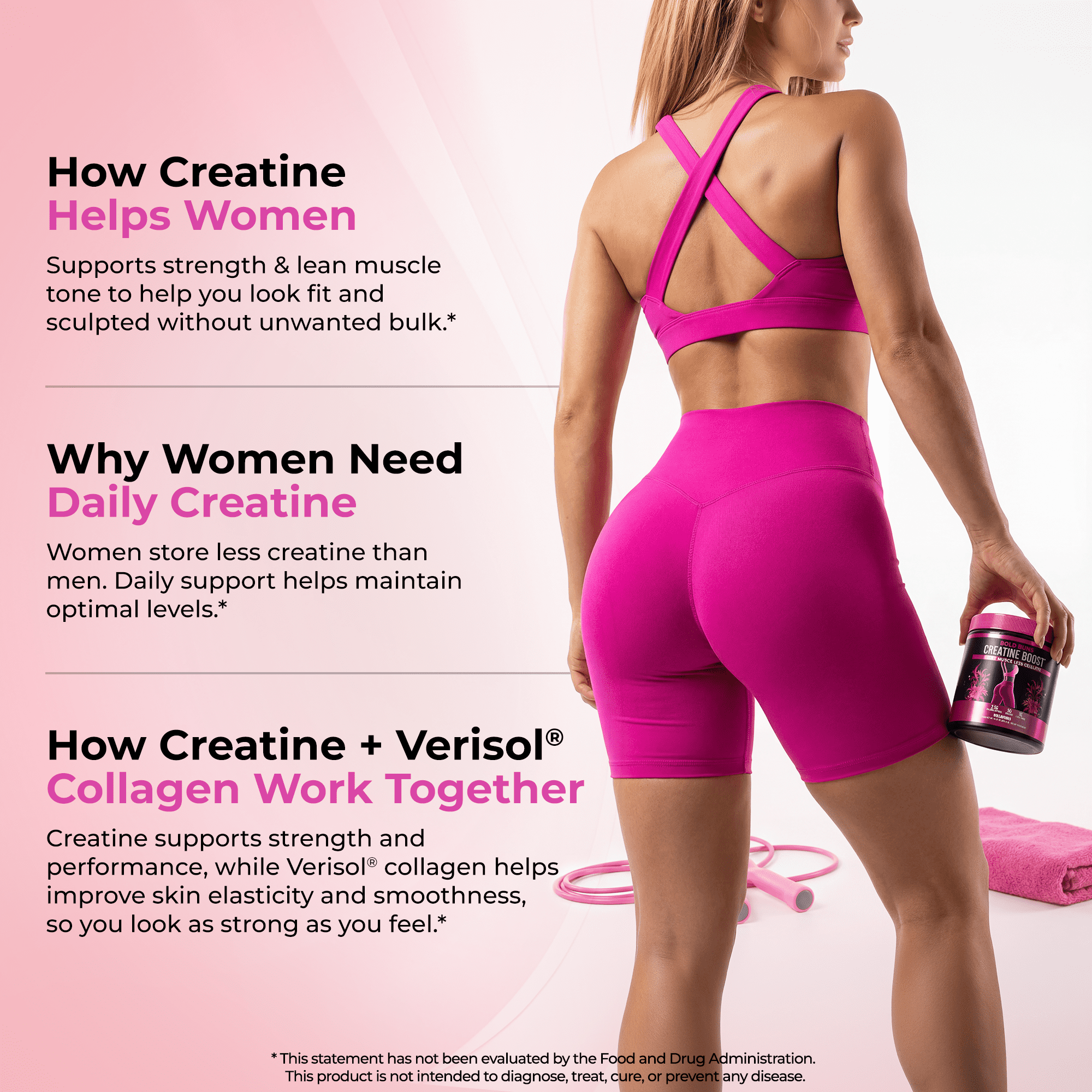 Bold Buns Creatine for Women – Supplement with Collagen & BCAA – Supports Muscle Development, Post-Workout Recovery, Skin Elasticity, Healthy Hair & Nail (30 Servings - Unfavored)
