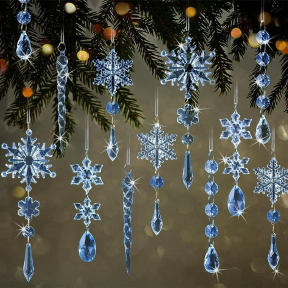18 - Pcs Crystal Christmas Tree Ornaments: Hanging Acrylic Snowflake Icicles with Drop Pendants for Winter Magic Decor!