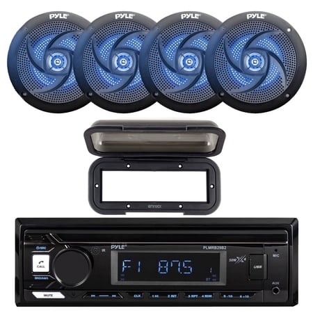 Pyle PLMRB29B2 Single DIN Marine USB Bluetooth AM/FM MP3 Stereo Receiver w/Radio Shield Cover 4x 5.25 180W Max 2-Way Low Profile Slim Style Blue LED Speakers