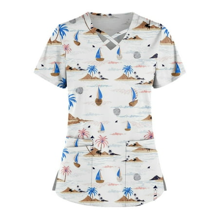 

Apepal Plus Size Cute Printed Scrub Working Uniform Scrub Tops for Women Cross V-Neck Short Sleeve Fun T-shirt Tee with Pockets