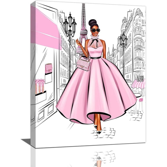 WFSposter-African American Canvas Wall Art Fashion Women Black Girl Pictures Decor Pink Painting Prints Modern Home Framed Artwork for Bedroom Bathroom Living Room Office