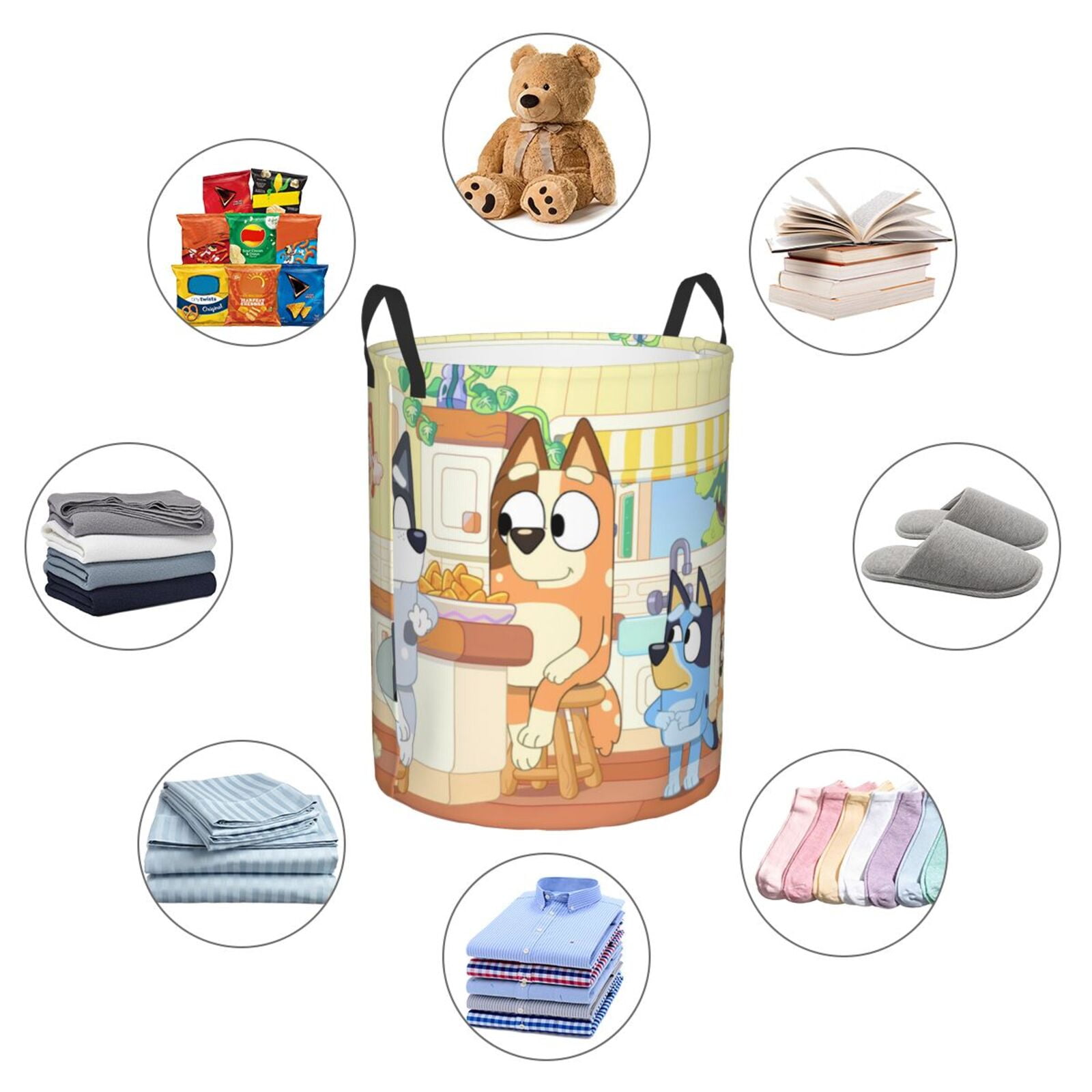 Silaia Bluey Print Round Laundry Clothes Hamper,Laundry Basket with Handles,Baby Toys Storage Organizer,Bins Laundry Basket for Bathroom, Bedroom Decorate-Medium