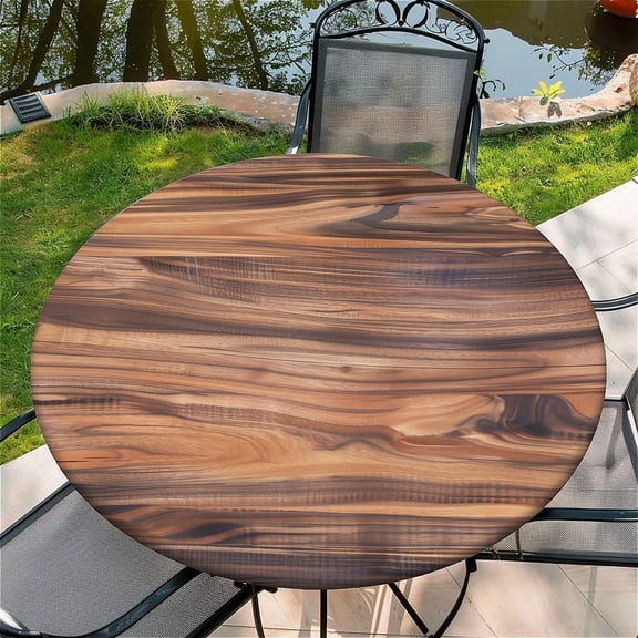Round Fitted Tablecloth with Elastic Edge, 36"-60" Waterproof Stain Resistant Table Cover for Indoor, Outdoor, Picnic, Dining, Camping, Party, Holiday, 44inch, Teak Wood