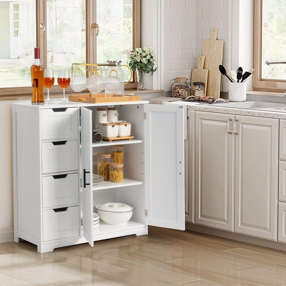 SalonMore Bathroom Kitchen Floor Storage Cabinet, Freestanding Kitchen Side Organizer W/ 4 Drawers & 1 Cupboard & Adjustable Shelf, White