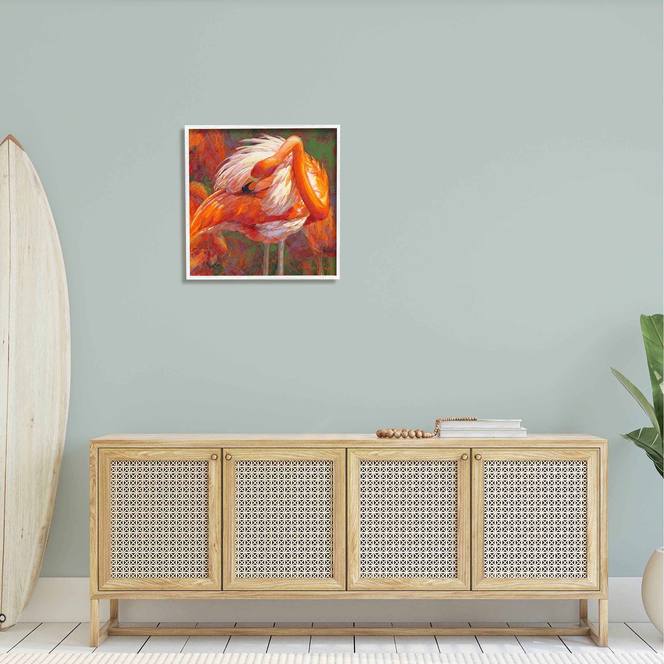 Preening Flamingo Wildlife Nature Animals & Insects Painting White Framed Art Print Wall Art