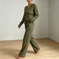 thumbnail image 5 of Women's 2 Piece Loungewear Outfits Ribbed Knit V Neck Long Sleeve Top and Wide Leg Pants Sets Soft Warm Fall Winter Casual Tracksuit Army Green, 5 of 7