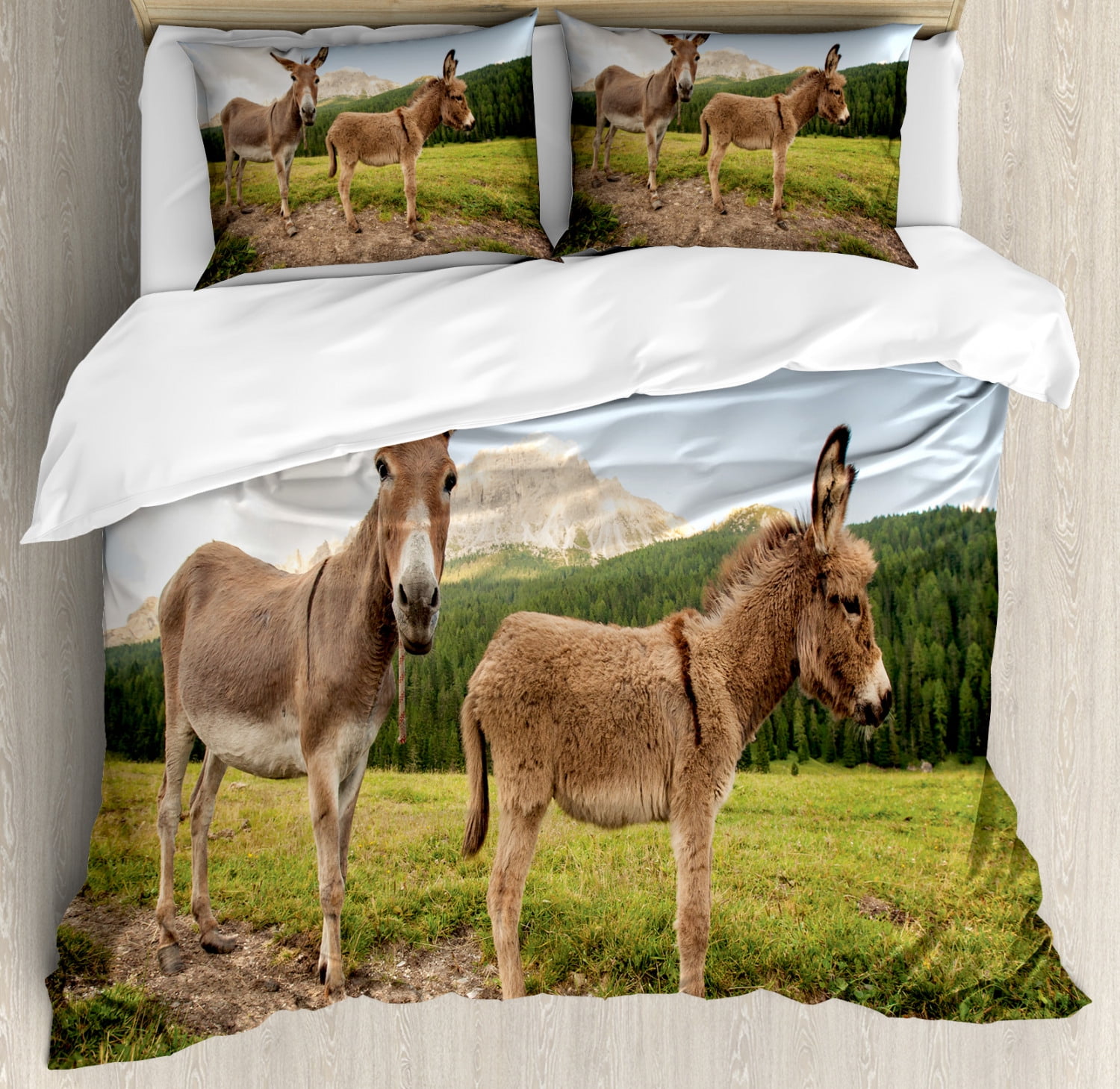 Donkey Duvet Cover Set King Size, Two Cute Donkeys Standing on the