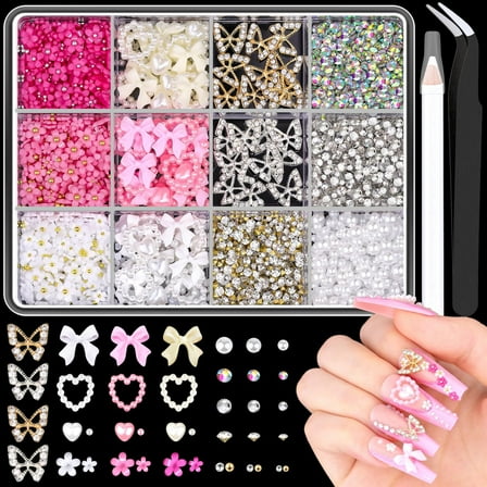 GoXteam 3D Nail Charms and Gems for Nails Design Set, Colorful Nail Bows Coquette Jewels, Cute Assorted Heart Star Butterfly Nail Pearls for Nail Art Decor