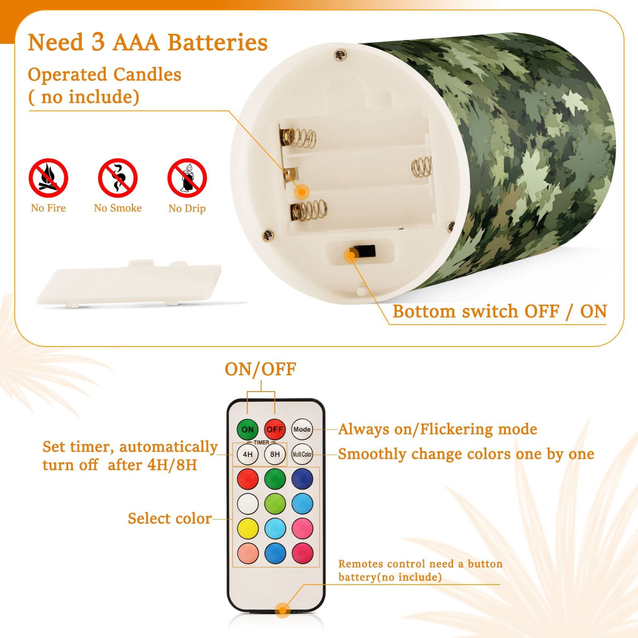 Dark Green Leaf Camouflage Flickering Flameless Candles Battery Operated with Remote Timer LED Pillar Candles Set of 2